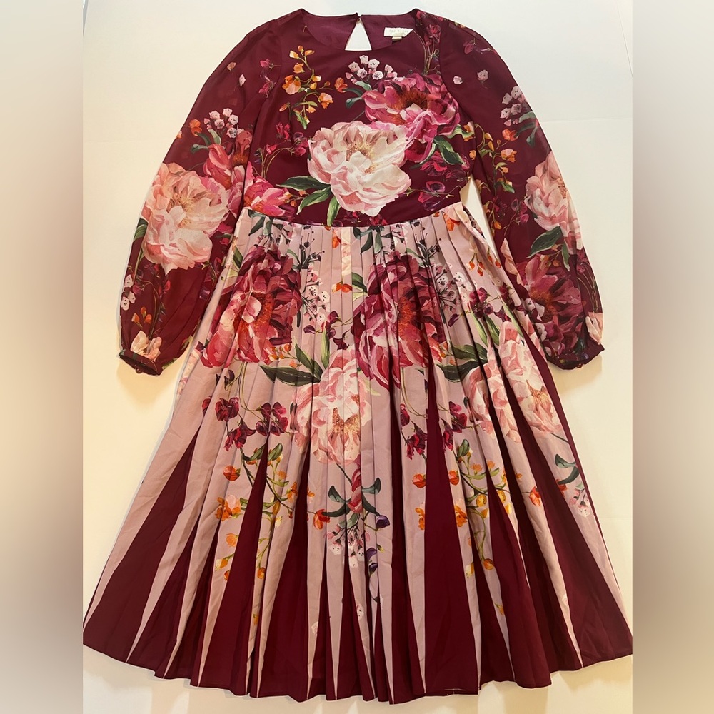 TED BAKER London Burgundy Floral Pleated Midi Dress Open Back|Long Sleeve|Size 0 - Picture 3 of 14
